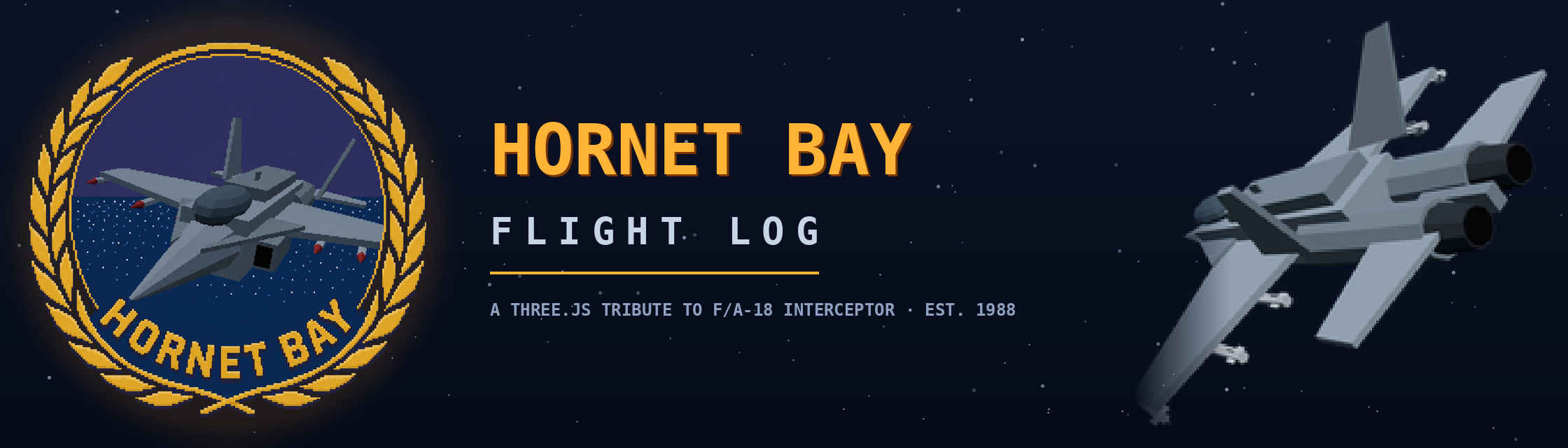Hornet Bay Flight Log — the laurel emblem and an F/A-18 in the emblem's rear-quarter orientation